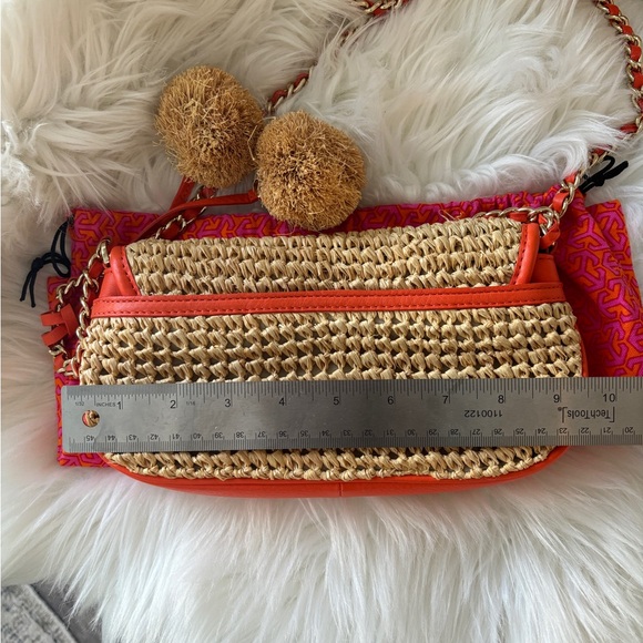 Tory Burch Raffia Orange Leather Gold Chain Pom Crossbody Bag - Picture 7 of 9